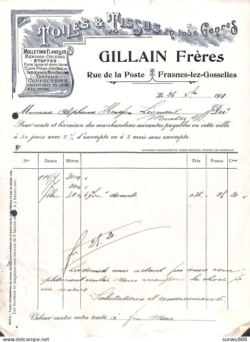 Frasnes-lez-Gosselies - Toiles & Tissus Gillain Frères 1911 - 1900 – 1949