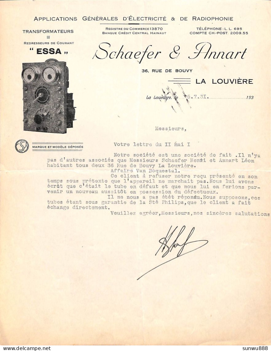 La Louvière - Applications D'Electricité Et De Radiophonie Schaefer & Annart 1931 - 1900 – 1949
