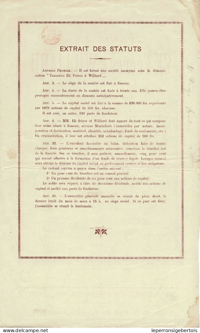 -Titre De 1924 - Tanneries EK Frères & Williard - Esneux - Tessili