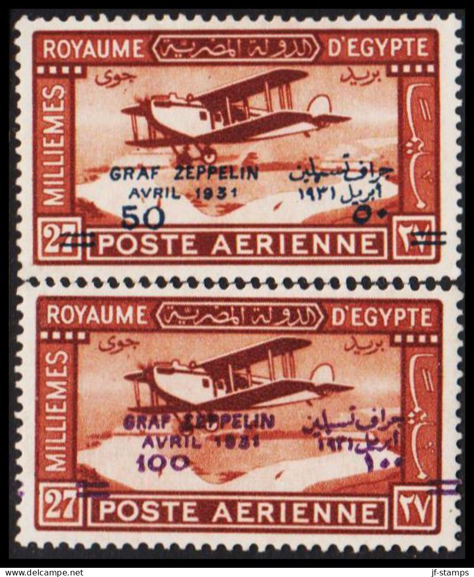 1931. EGYPT. 50 + 100 Pia On 27 M Overprinted GRAF ZEPPELIN–AVRIL 1931. Complete Set Hing... (Michel 156-157) - JF536734 - Neufs