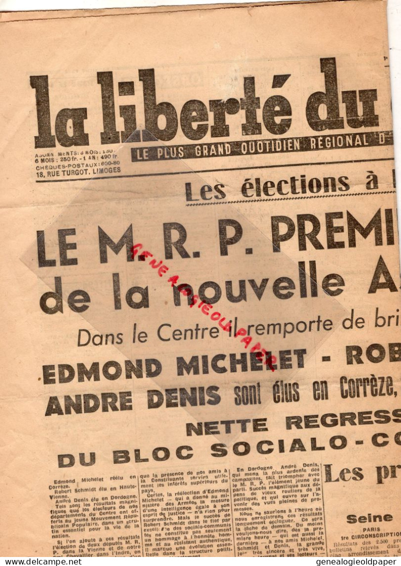 87-LIMOGES-GUERRE 1939-1945- LA LIBERTE DU CENTRE 3 JUIN 1945-ELECTIONS MRP-EDMOND MICHELET-ROBERT SCHMIDT-ANDRE DENIS - Documents Historiques