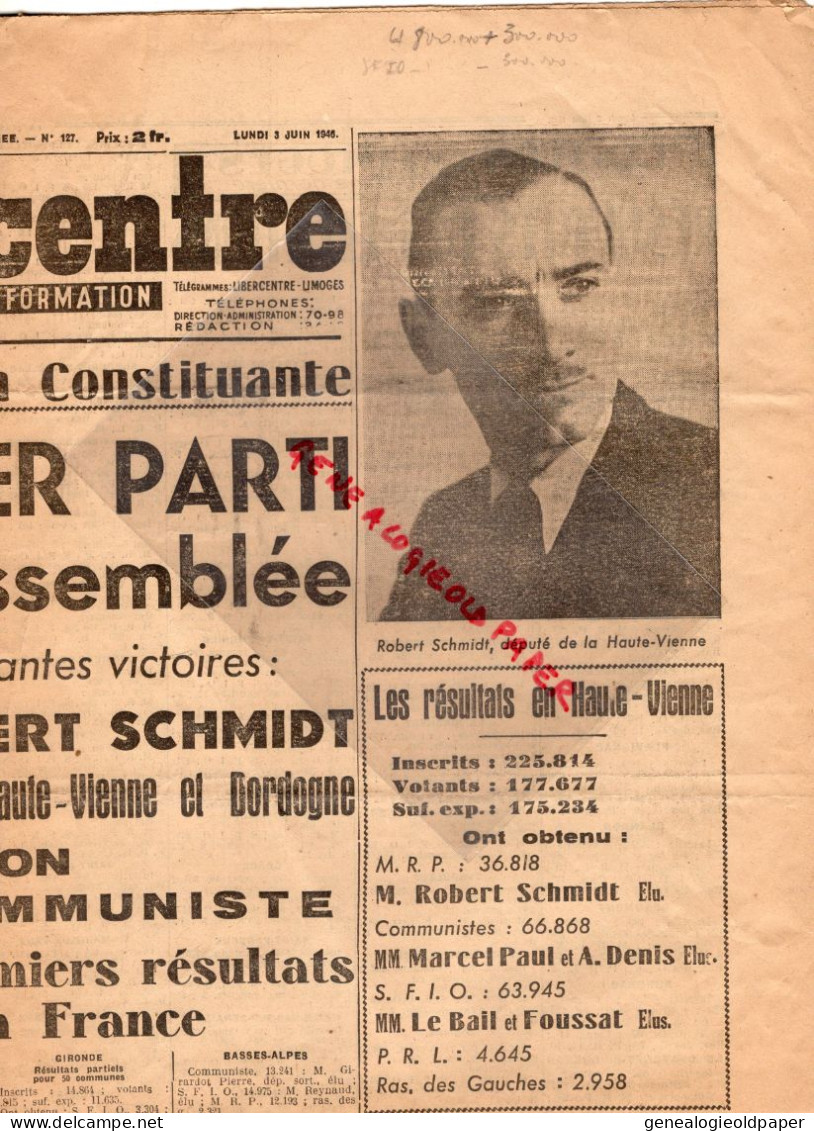 87-LIMOGES-GUERRE 1939-1945- LA LIBERTE DU CENTRE 3 JUIN 1945-ELECTIONS MRP-EDMOND MICHELET-ROBERT SCHMIDT-ANDRE DENIS - Historische Documenten