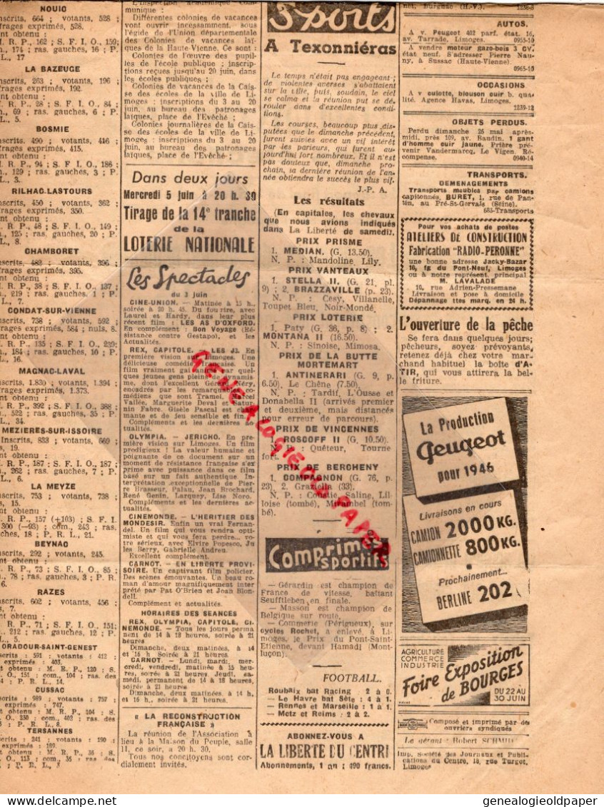 87-LIMOGES-GUERRE 1939-1945- LA LIBERTE DU CENTRE 3 JUIN 1945-ELECTIONS MRP-EDMOND MICHELET-ROBERT SCHMIDT-ANDRE DENIS