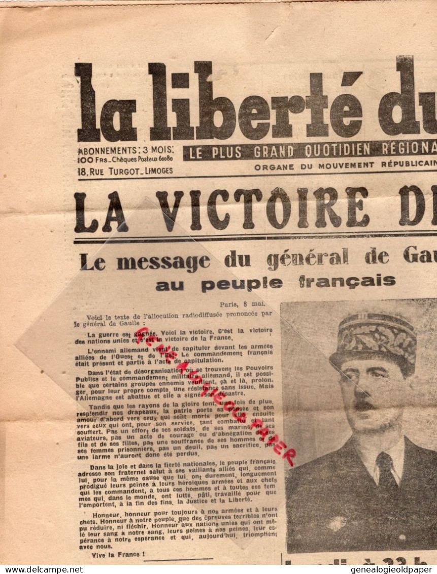 87-LIMOGES-GUERRE 1939-1945- LA LIBERTE DU CENTRE 9 MAI 1945-GENERAL DE GAULLE-CHURCHILL-EISENHOWER-PATTON-ILE OLERON - Historische Dokumente