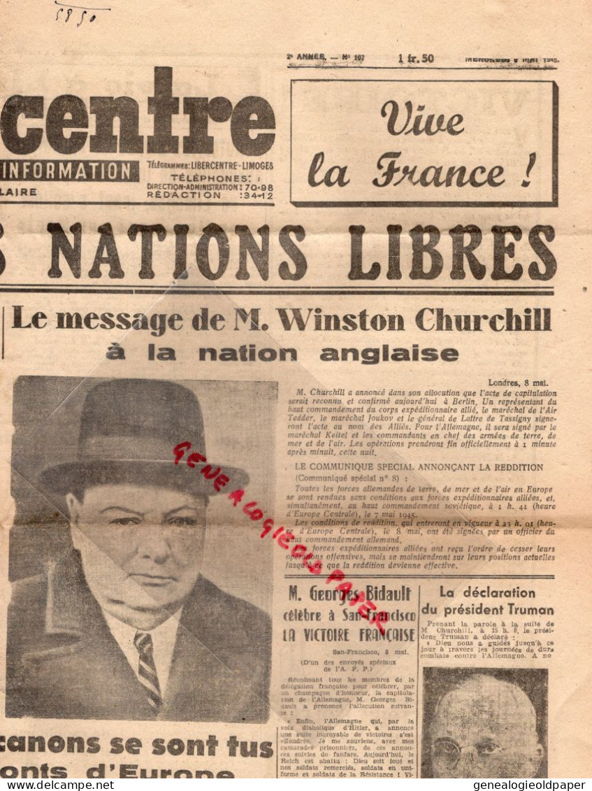 87-LIMOGES-GUERRE 1939-1945- LA LIBERTE DU CENTRE 9 MAI 1945-GENERAL DE GAULLE-CHURCHILL-EISENHOWER-PATTON-ILE OLERON - Historische Documenten