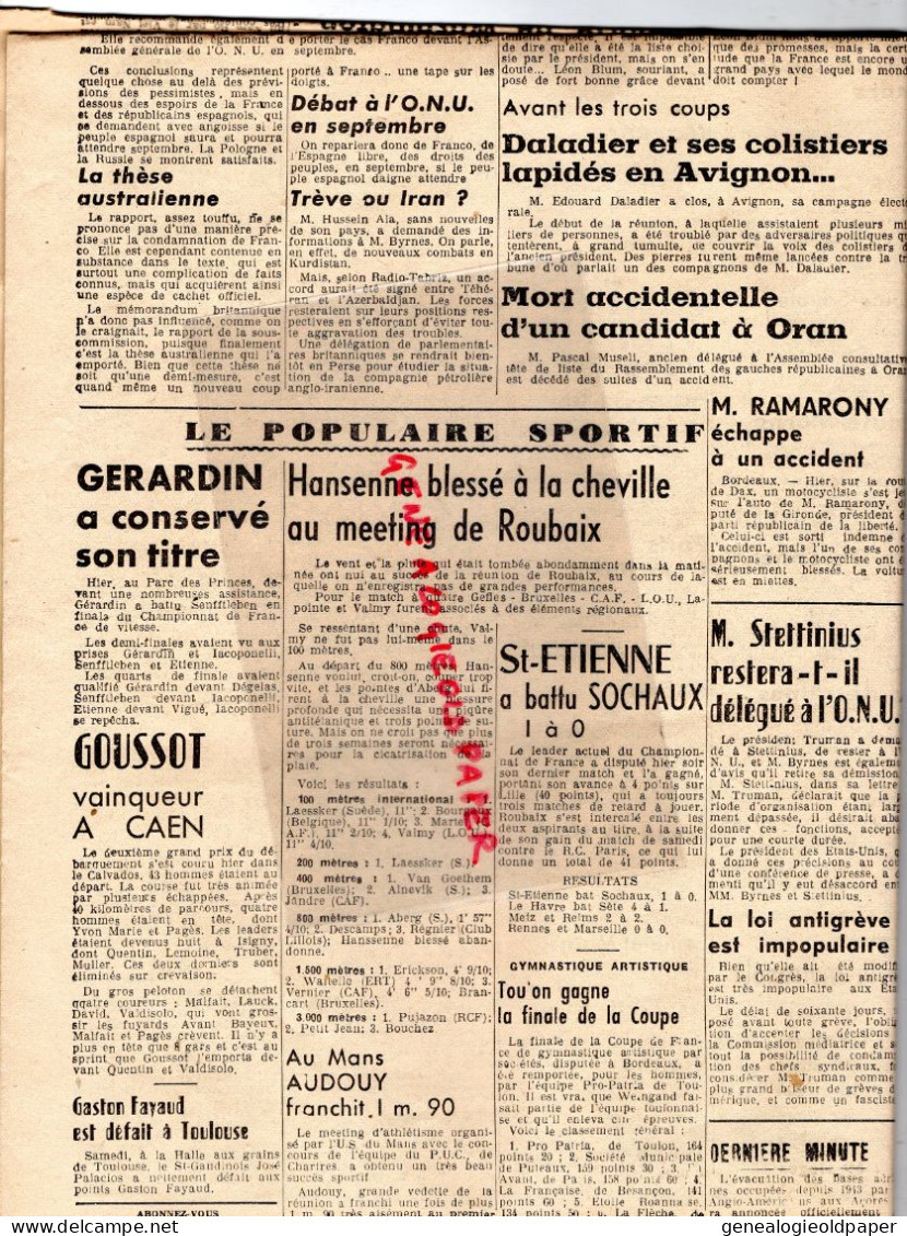 87-LIMOGES-GUERRE 1939-1945-POPULAIRE CENTRE-3 JUIN 1946-ASSEMBLEE NATIONALE-BELLAC-ROCHECHOUART-ST SAINT YRIEIX-JUNIEN - Documents Historiques