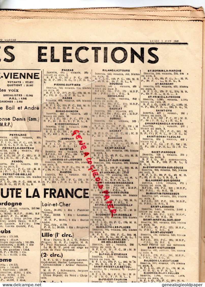 87-LIMOGES-GUERRE 1939-1945-POPULAIRE CENTRE-3 JUIN 1946-ASSEMBLEE NATIONALE-BELLAC-ROCHECHOUART-ST SAINT YRIEIX-JUNIEN