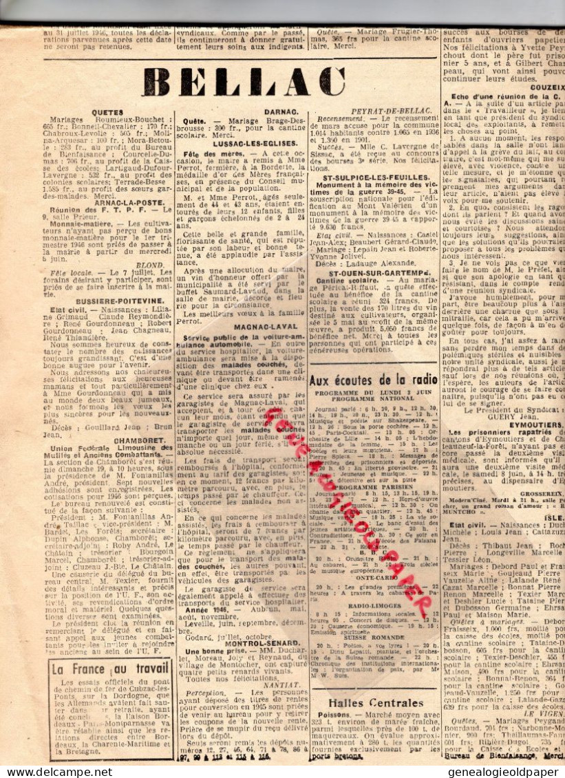 87-LIMOGES-GUERRE 1939-1945-POPULAIRE CENTRE-3 JUIN 1946-ASSEMBLEE NATIONALE-BELLAC-ROCHECHOUART-ST SAINT YRIEIX-JUNIEN