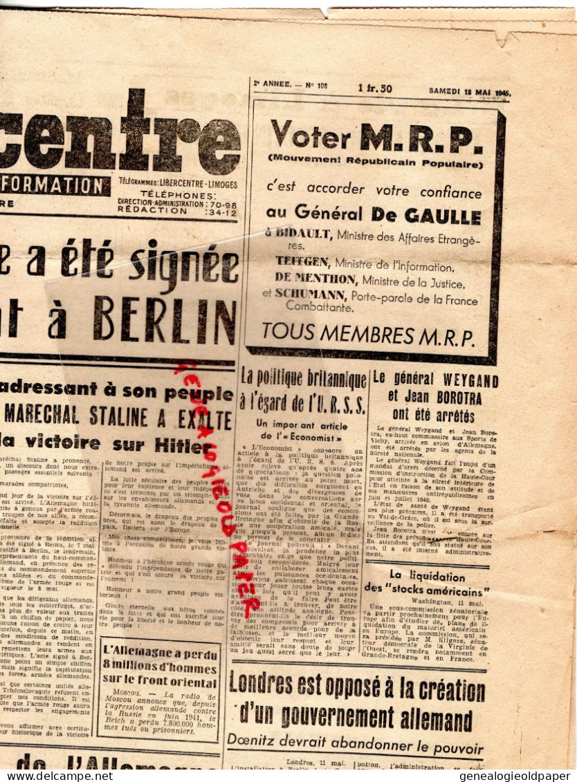 87-LIMOGES-GUERRE 1939-1945-LIBERTE CENTRE-12 MAI 1945-BERLIN CAPITULATION ALLEMAGNE-STALINE-BUCHENWALD-LIBERATION - Historische Dokumente