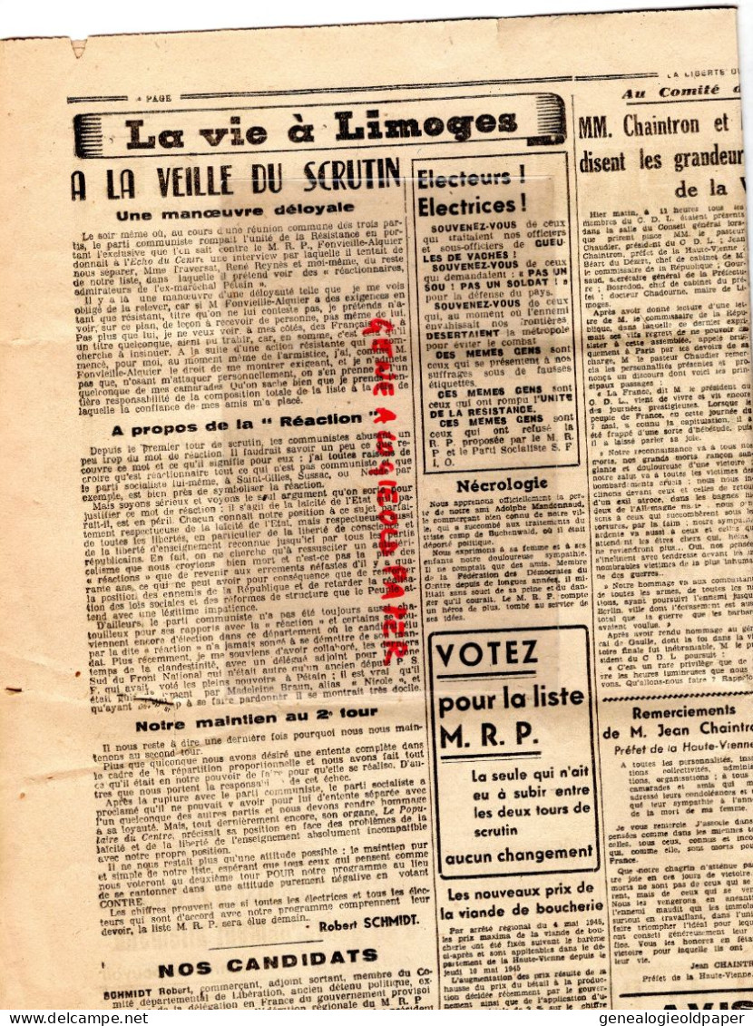 87-LIMOGES-GUERRE 1939-1945-LIBERTE CENTRE-12 MAI 1945-BERLIN CAPITULATION ALLEMAGNE-STALINE-BUCHENWALD-LIBERATION - Historische Dokumente