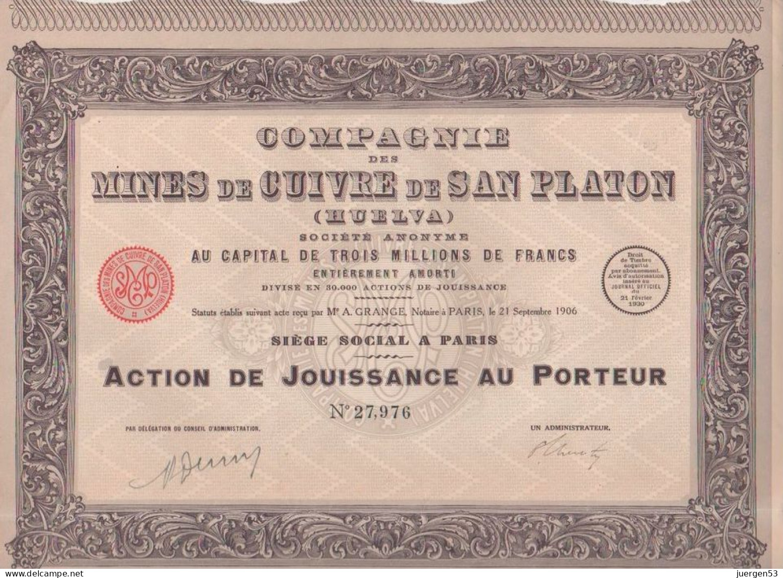 Comp.des Mines De Cuivre De San Platon, 27,976 - Afrique