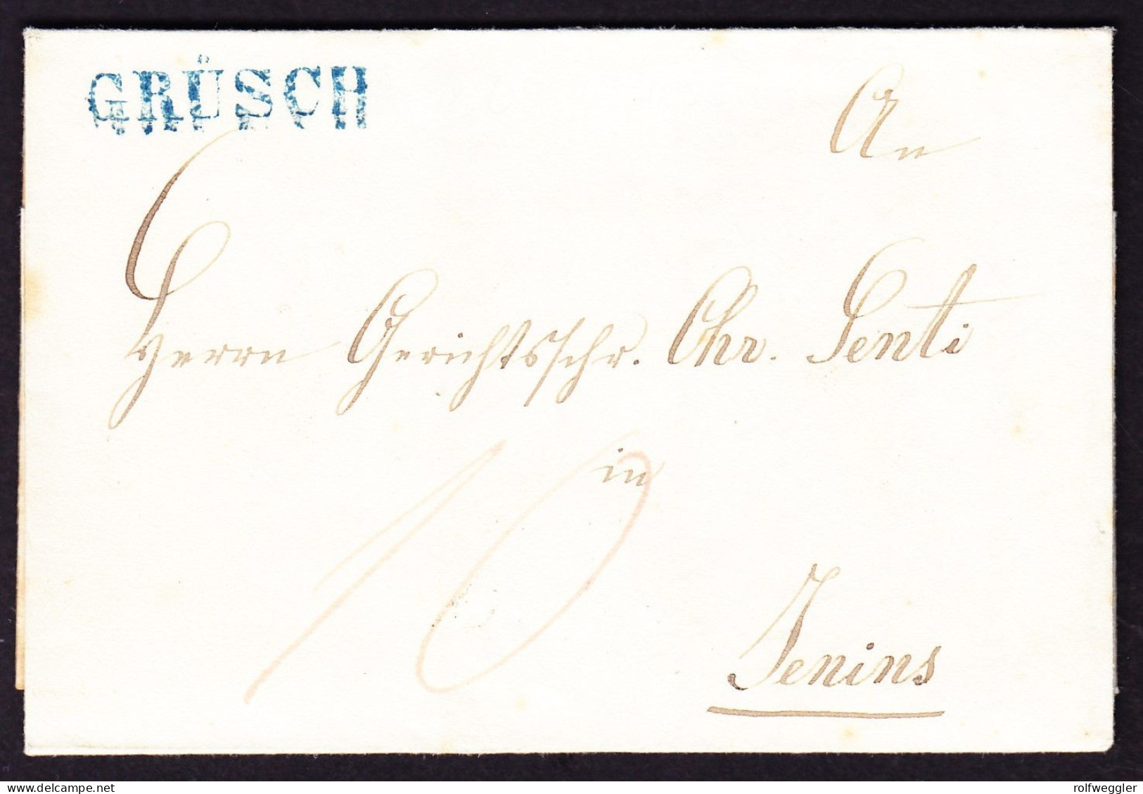 1852 Stabstempel GRÜSCH In Blau Auf Faltbrief Nach Jenins. Etwas Fleckig - ...-1845 Prephilately