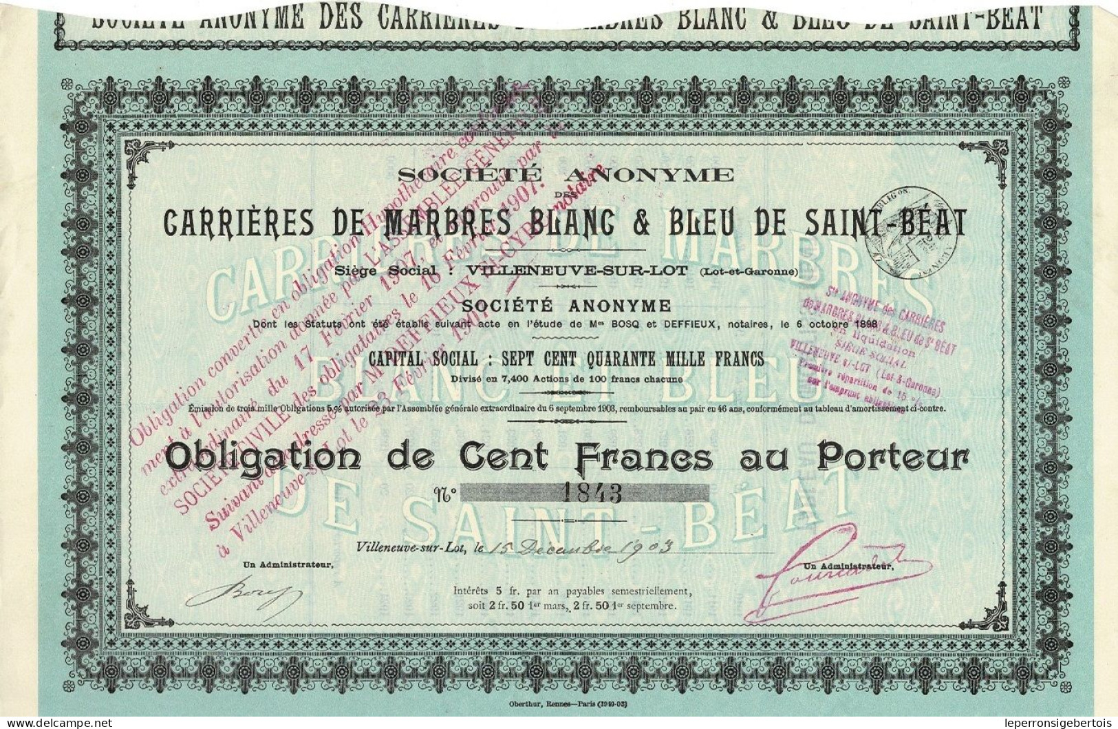 Obligation De 1903 - Société Anonyme Des Carrières De Marbres Blanc & Bleu De Saint-Béat - - Mines