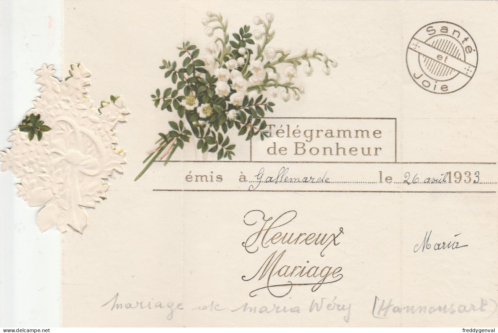 HANNONSART  MARIAGE DE MARIA WERY 26 AVRIL 1933 - Mariage