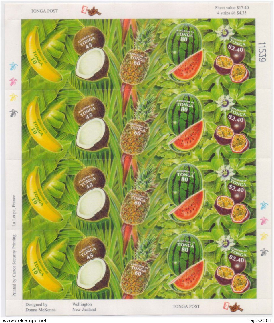 Banana, Coconut, Pineapple, Watermelon, Fruits, Fruit Shape, Food, Odd Shaped UNUSUAL Tonga Self Adhesive Full Sheet MNH - Erreurs Sur Timbres