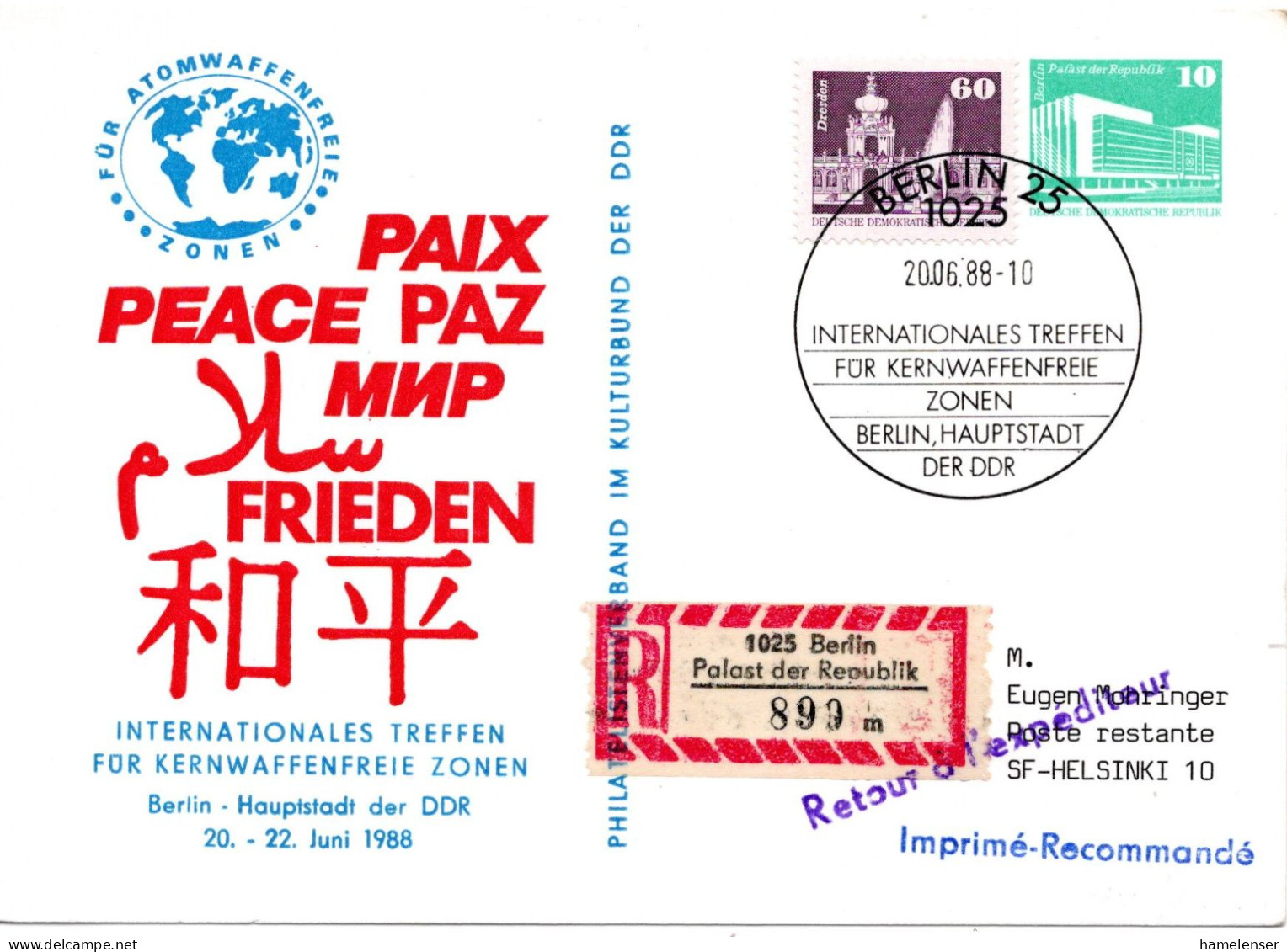 60154 - DDR - 1988 - 10Pfg PGAKte "Kernwaffenfreie Zonen" M SoStpl BERLIN - ... KERNWAFFENFREIE ZONEN -> Finnland - Atomo