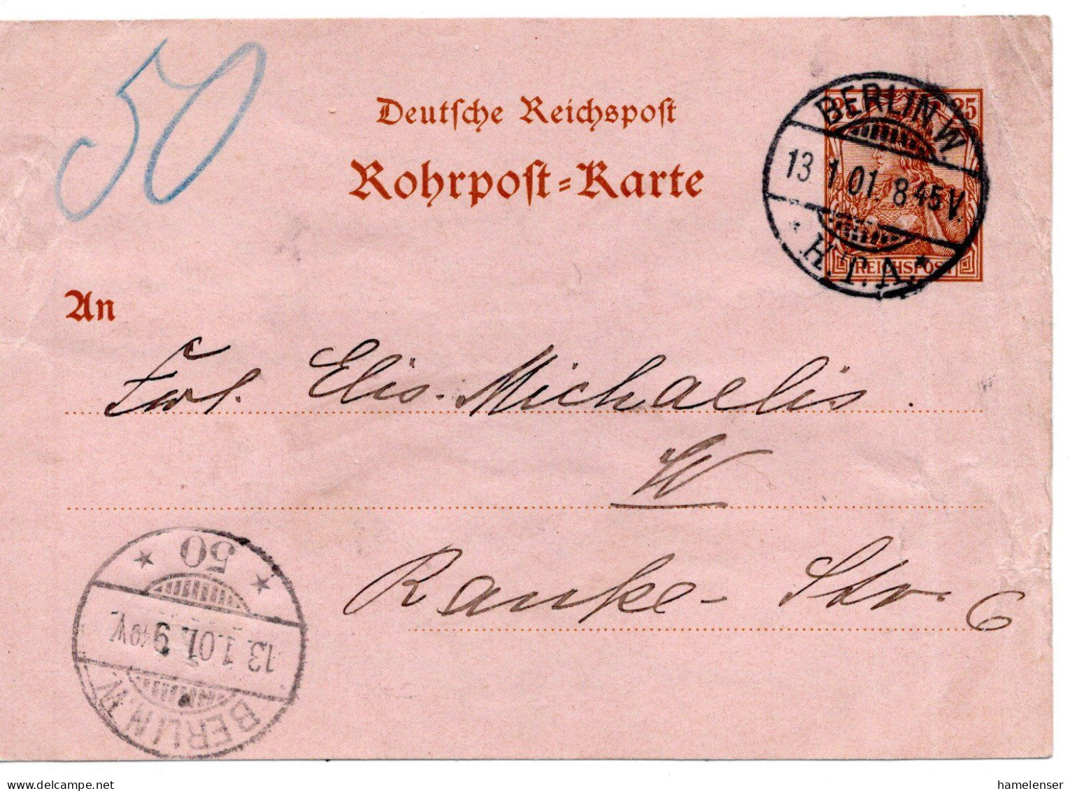 60166 - Deutsches Reich - 1901 - 25Pfg Reichspost GARohrpostKte BERLIN - Lettres & Documents