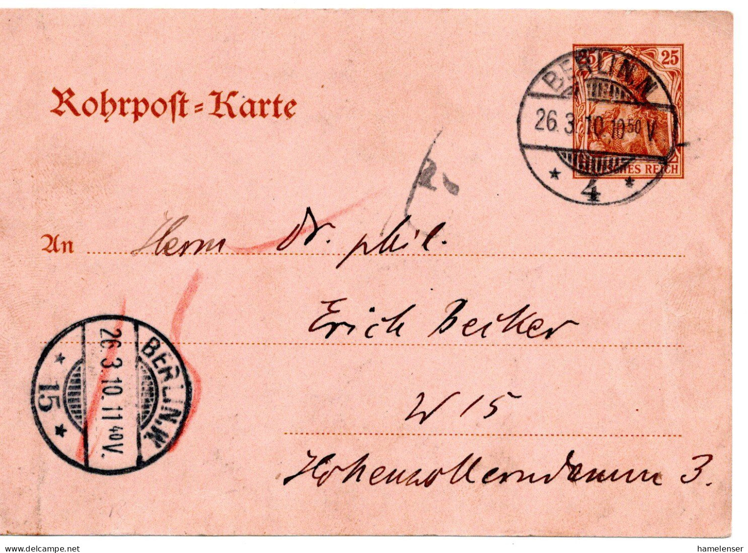 60167 - Deutsches Reich - 1910 - 25Pfg Germania GARohrpostKte BERLIN - Covers & Documents