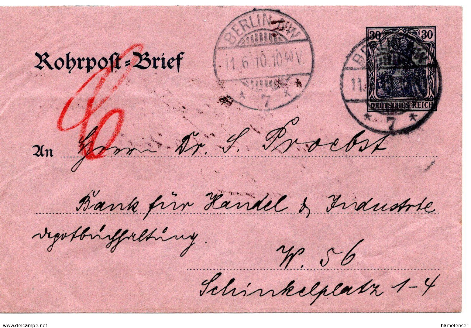 60168 - Deutsches Reich - 1910 - 30Pfg Germania GARohrpostUmschlag BERLIN - Covers & Documents