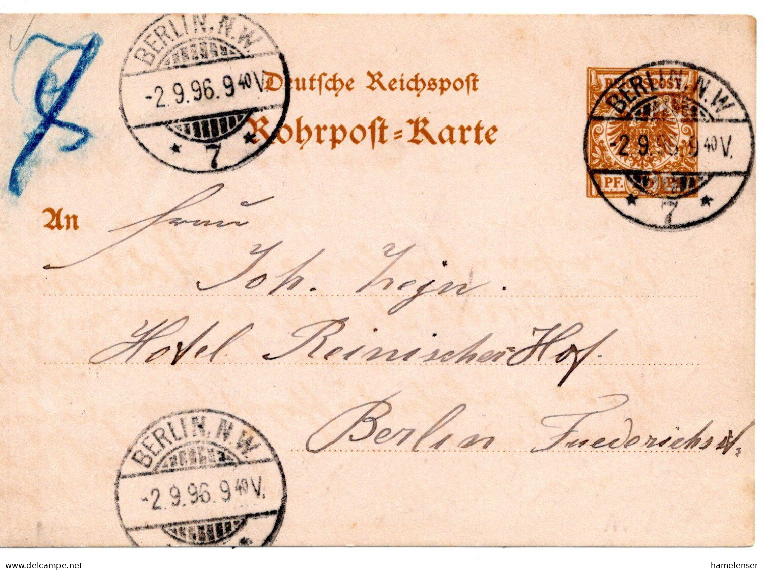 60169 - Deutsches Reich - 1896 - 25Pfg Adler GARohrpostKte BERLIN - Lettres & Documents
