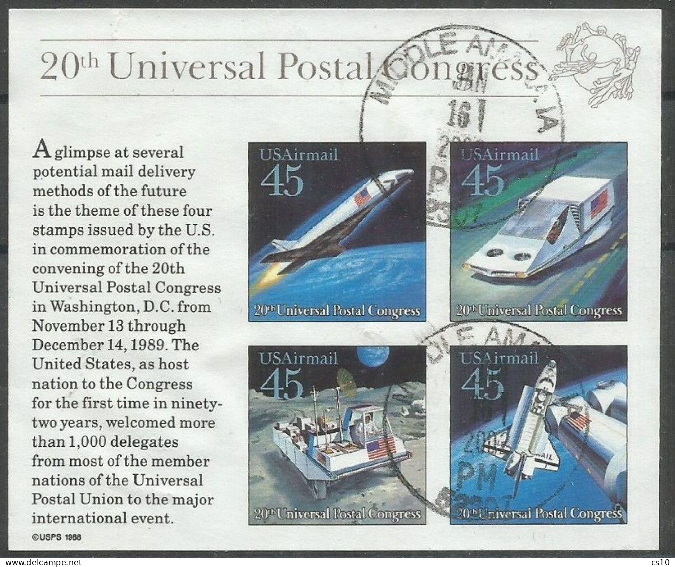 USA 1988 Airmail Future Mail Transportation XX° UPU Congress - SC.# C 126 Souvenir Sheet, 4v., Imperforated Used - 3a. 1961-… Oblitérés