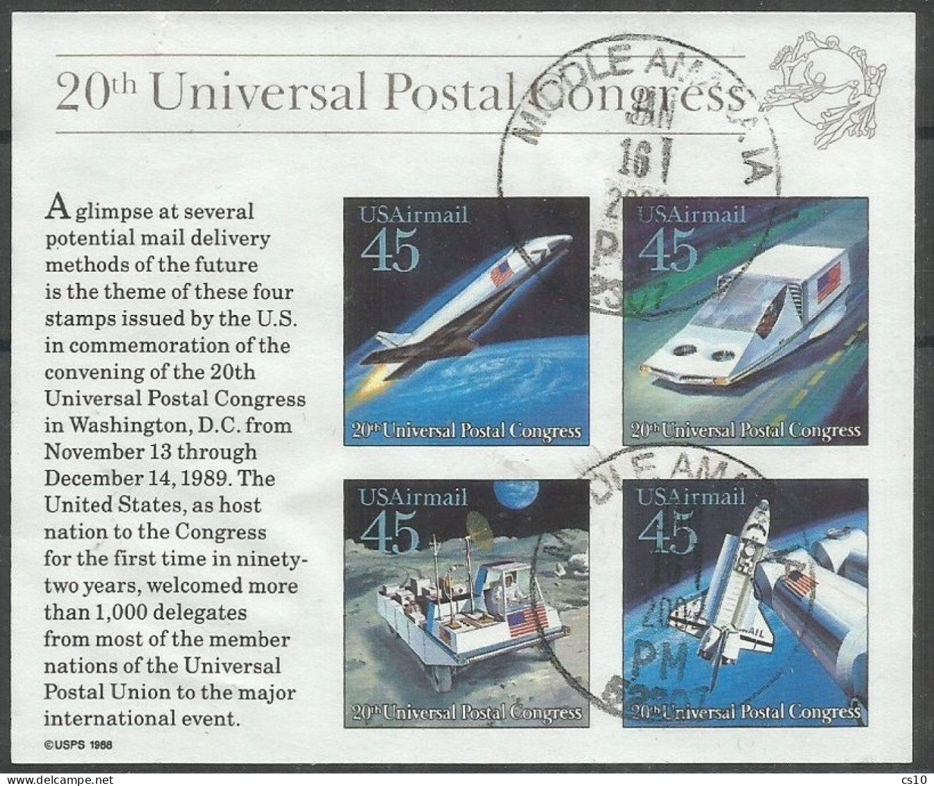 USA 1988 Airmail Future Mail Transportation XX° UPU Congress - SC.# C 126 Souvenir Sheet, 4v., Imperforated Used - 3a. 1961-… Gebraucht