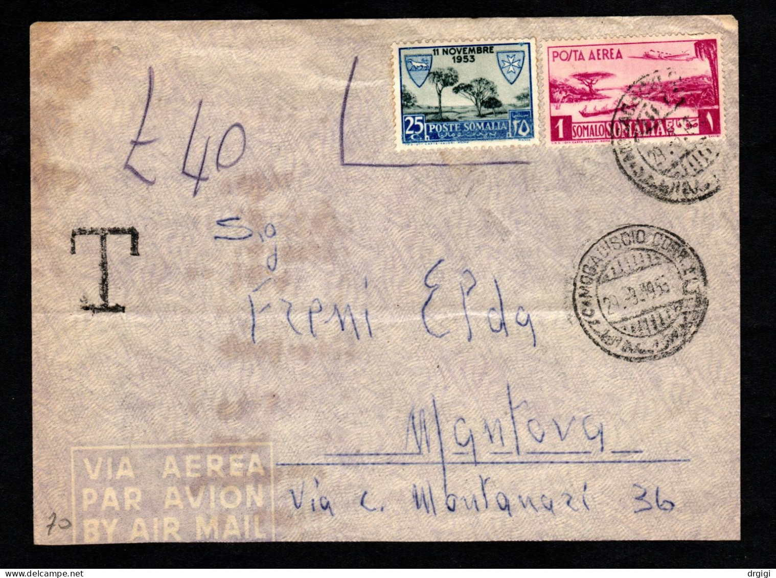 Somalia AFIS, POSTA VIAGGIATA 1955, MOGADISCIO PER MANTOVA, TASSATA - Somalie (AFIS)