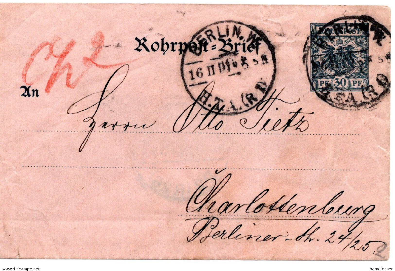 60170 - Deutsches Reich - 1901 - 30Pfg Adler GARohrpostUmschlag BERLIN - Lettres & Documents