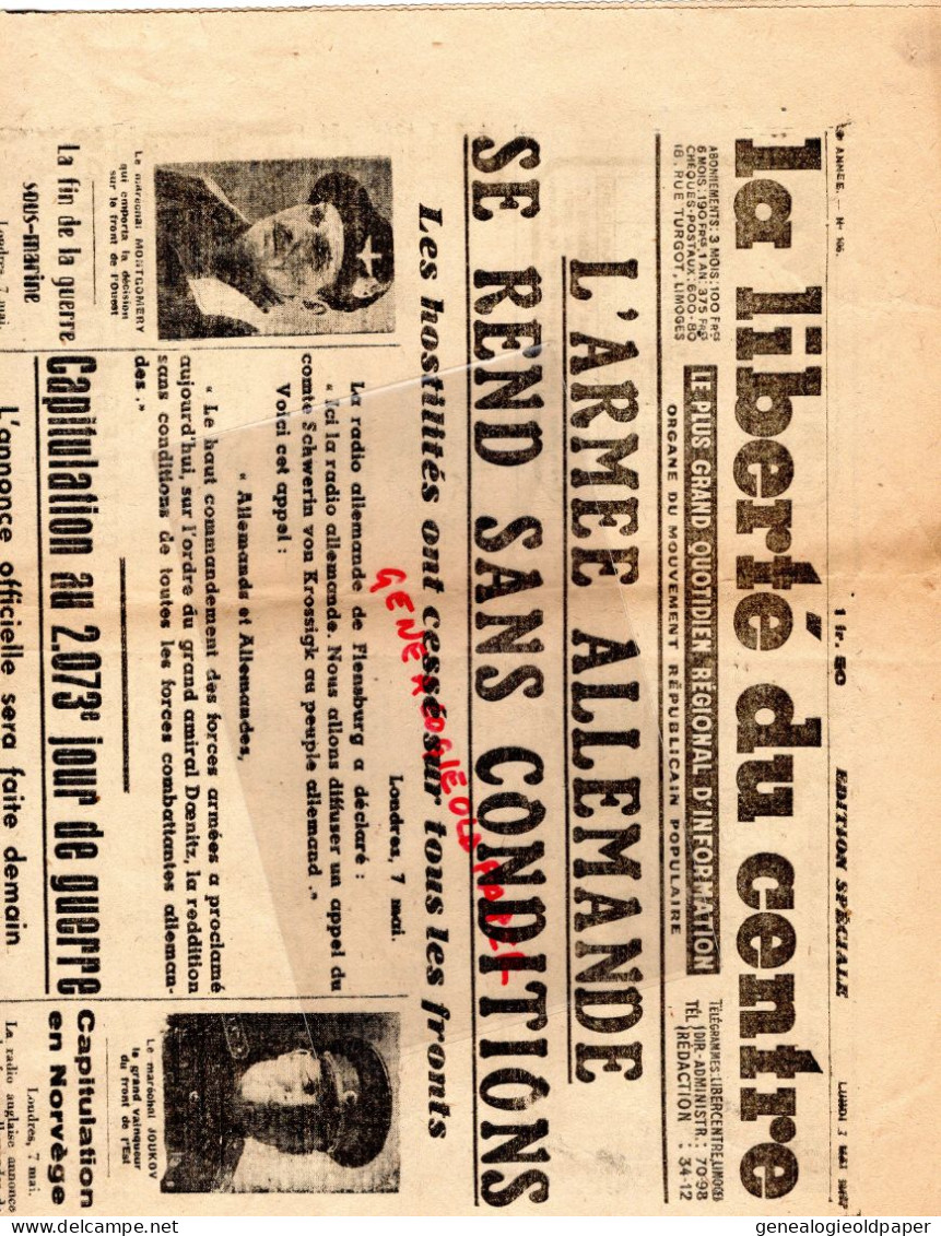 87-LIMOGES-GUERRE 1939-1945-LIBERTE DU CENTRE 7 MAI 1945-REDDITION ALLEMAGNE-DOENITZ-MONTGOMERY-JOUKOV-GESTAPO- - Historische Dokumente