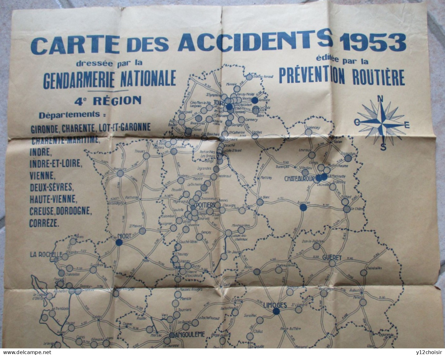 AFFICHE 50 CM X 65 CM CARTE DES ACCIDENTS 1953 DRESSÉE PAR GENDARMERIE NATIONALE . De TOURS BORDEAUX AGEN à CHATEAUROUX - Police & Gendarmerie