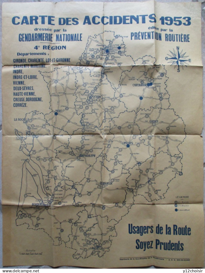 AFFICHE 50 CM X 65 CM CARTE DES ACCIDENTS 1953 DRESSÉE PAR GENDARMERIE NATIONALE . De TOURS BORDEAUX AGEN à CHATEAUROUX - Police & Gendarmerie