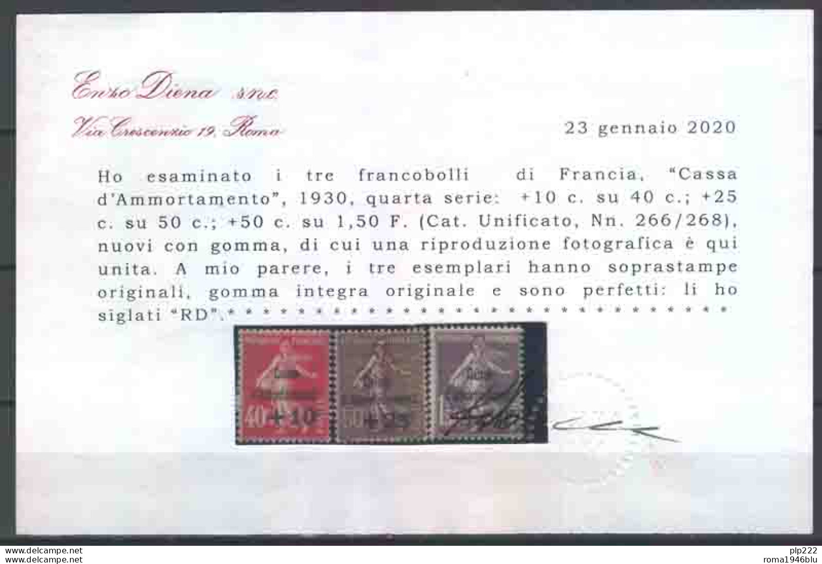 Francia 1930 Unif.266/68 **/MNH VF/F - Cert R.Diena - Unused Stamps