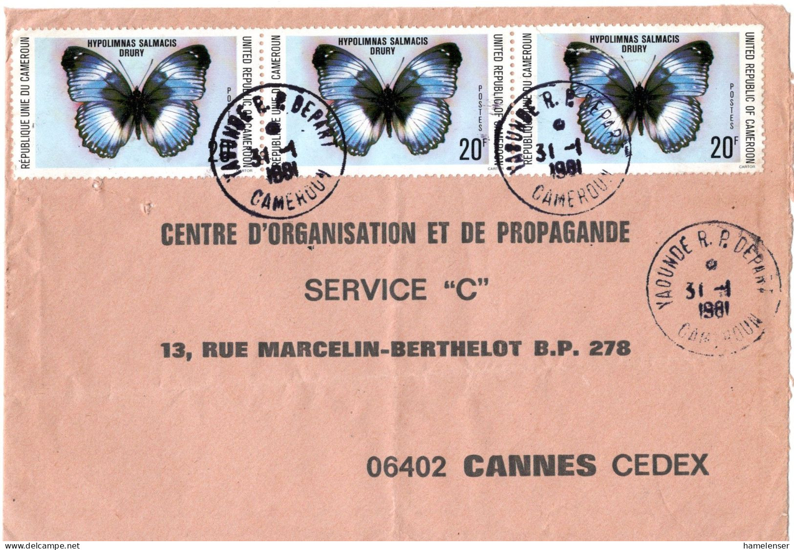 60231 - Kamerun - 1981 - 3@20F Schmetterling A Bf YAOUNDE -> Frankreich - Mariposas