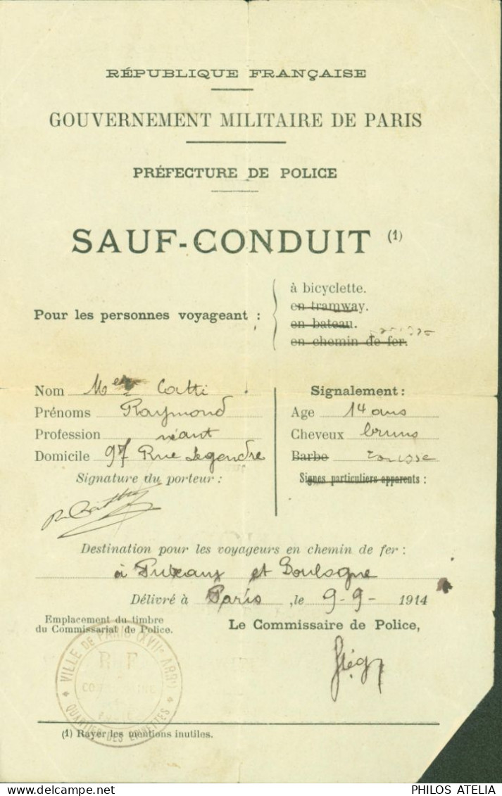 Guerre 14 Sauf Conduit Laissez Passer Ausweis En Bicyclette Gouvernement Militaire De Paris Préfecture Police - Oorlog 1914-18