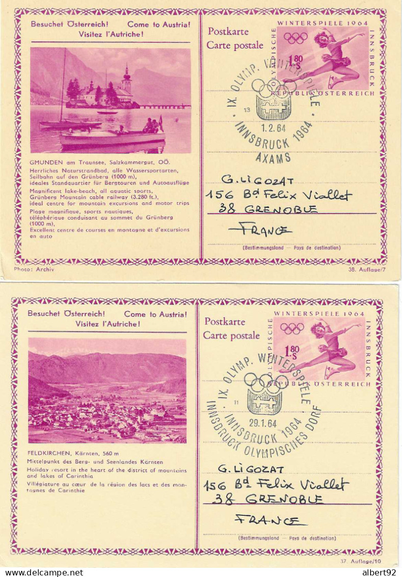 1964 Jeux Olympiques D'Hiver D'Innsbruck: 2 Cartes Entiers Postaux (tarif étranger): Axams (ski Alpin)+village Olympique - Winter 1964: Innsbruck