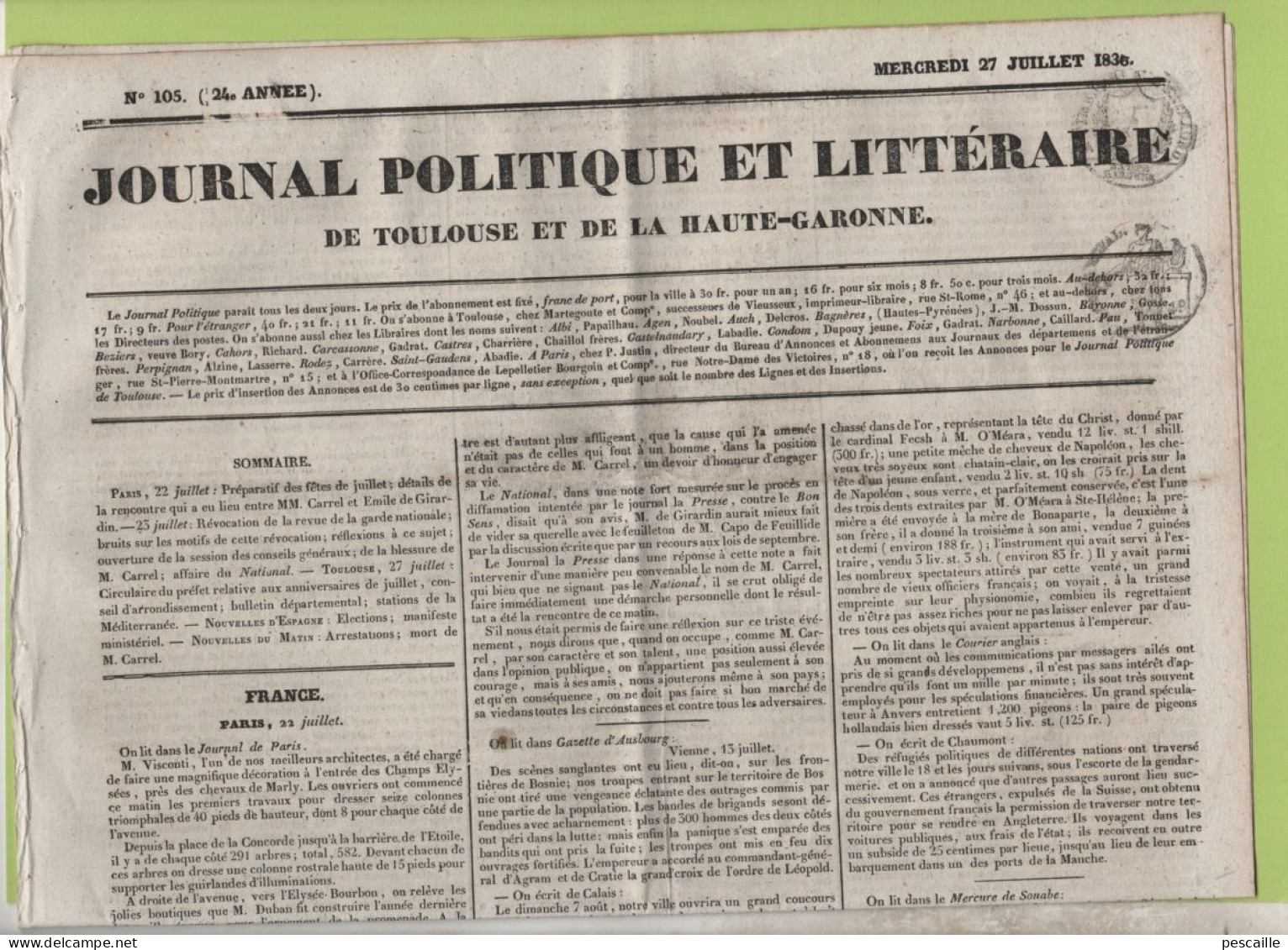 JOURNAL POLITIQUE TOULOUSE 27 07 1836 - DUEL GIRARDIN / ARMAND CARREL DECES - BOSNIE - CALAIS - VENTE OBJETS DE NAPOLEON - 1800 - 1849