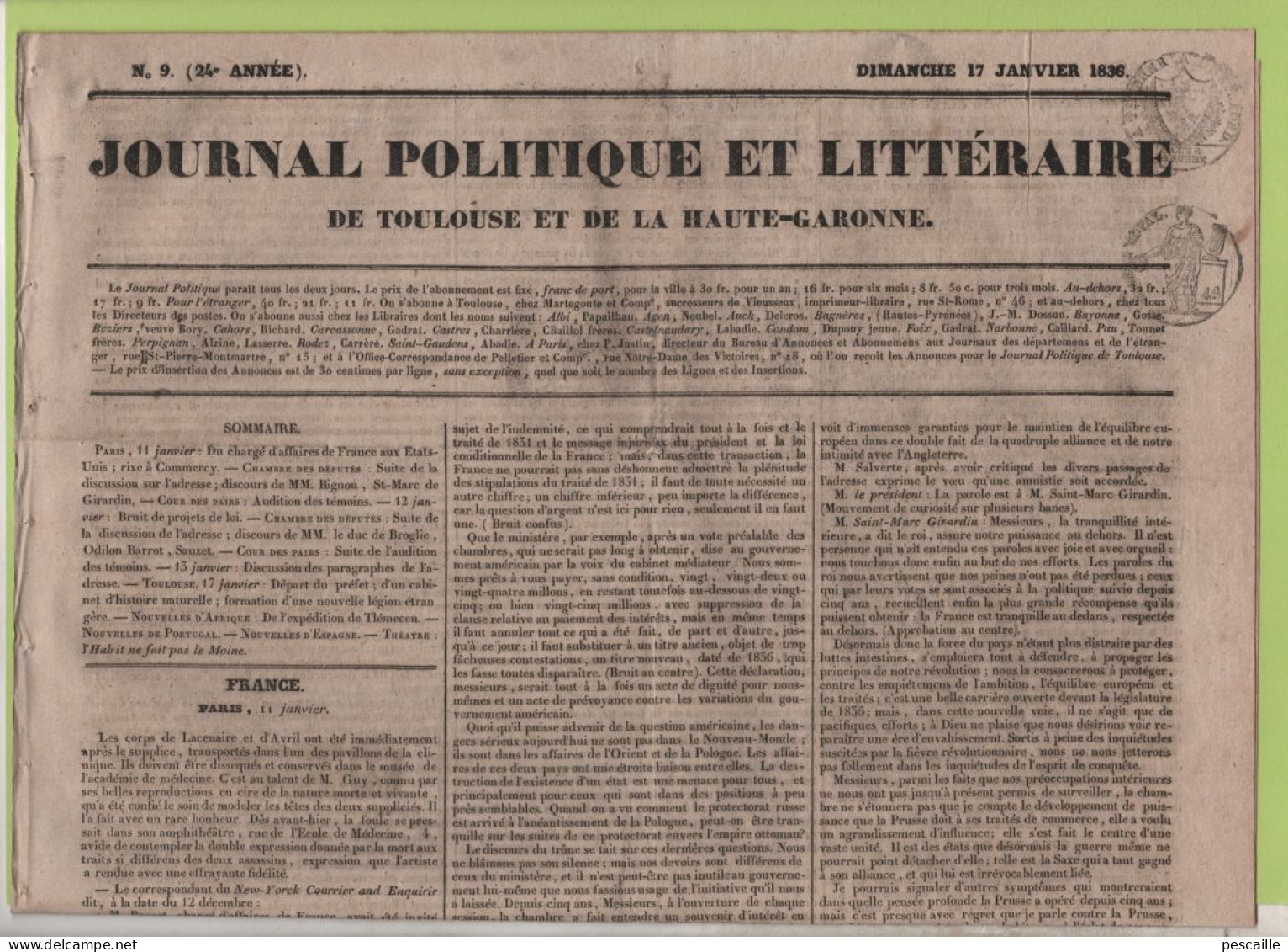 JOURNAL POLITIQUE TOULOUSE 17 01 1836 - LACENAIRE & AVRIL - COMMERCY - FRANCE USA - POLOGNE - CREATION LEGION ETRANGERE - 1800 - 1849