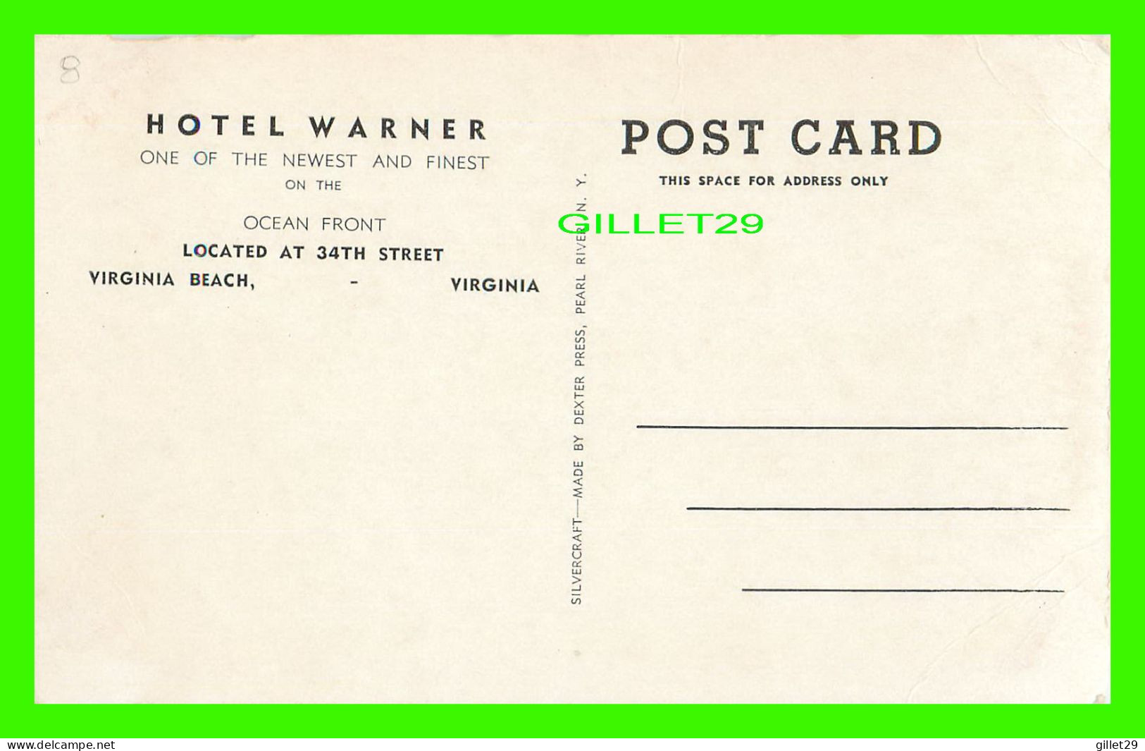 VIRGINIA BEACH, VA -HOTEL WARNER ON THE OCEAN FRONT - DEXTER PRESS - - Virginia Beach