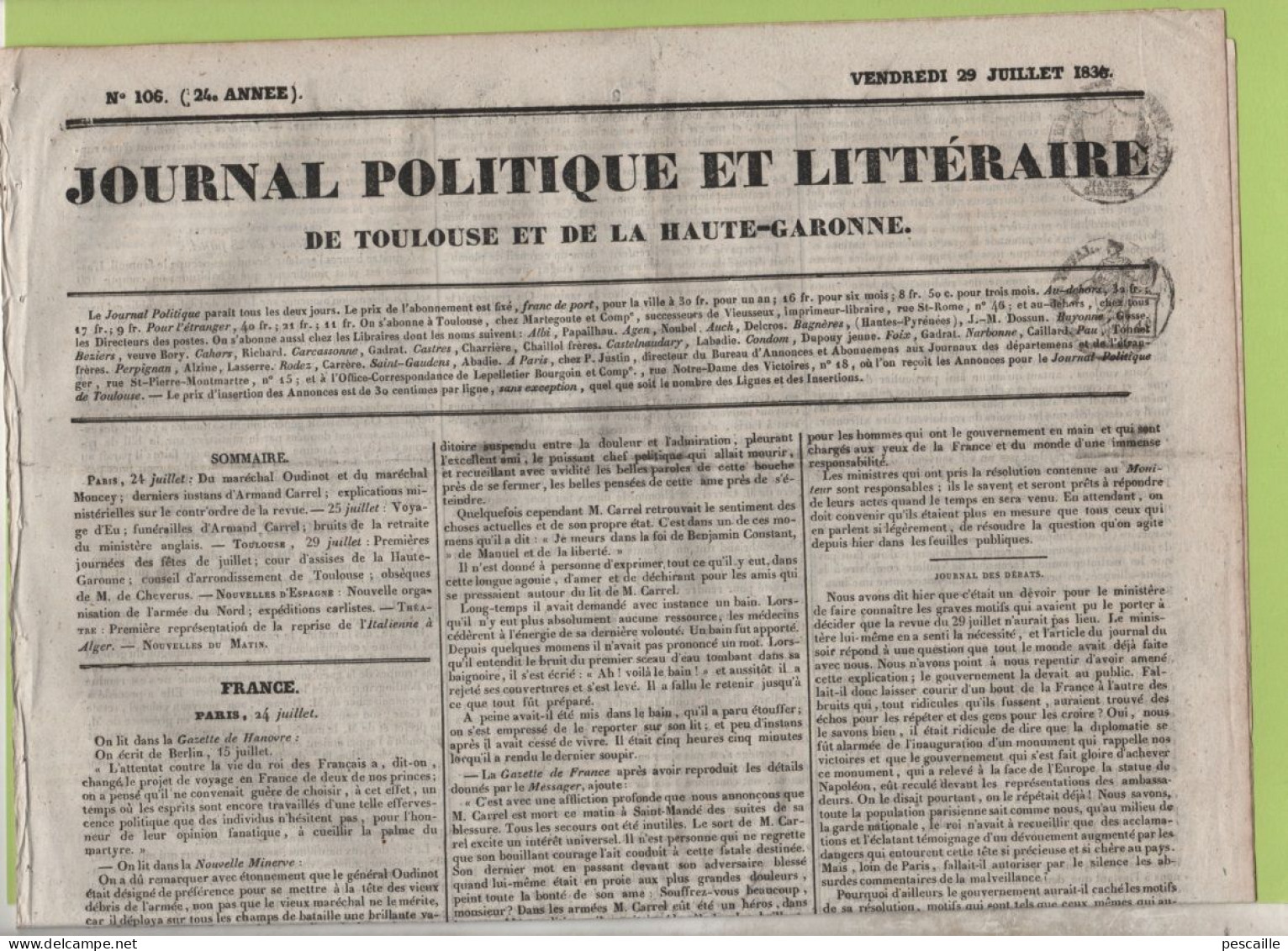 JOURNAL POLITIQUE TOULOUSE 29 07 1836 - OUDINOT - DECES ARMAND CARREL OBSEQUES - REVUE MILITAIRE - ARC DE TRIOMPHE - - 1800 - 1849