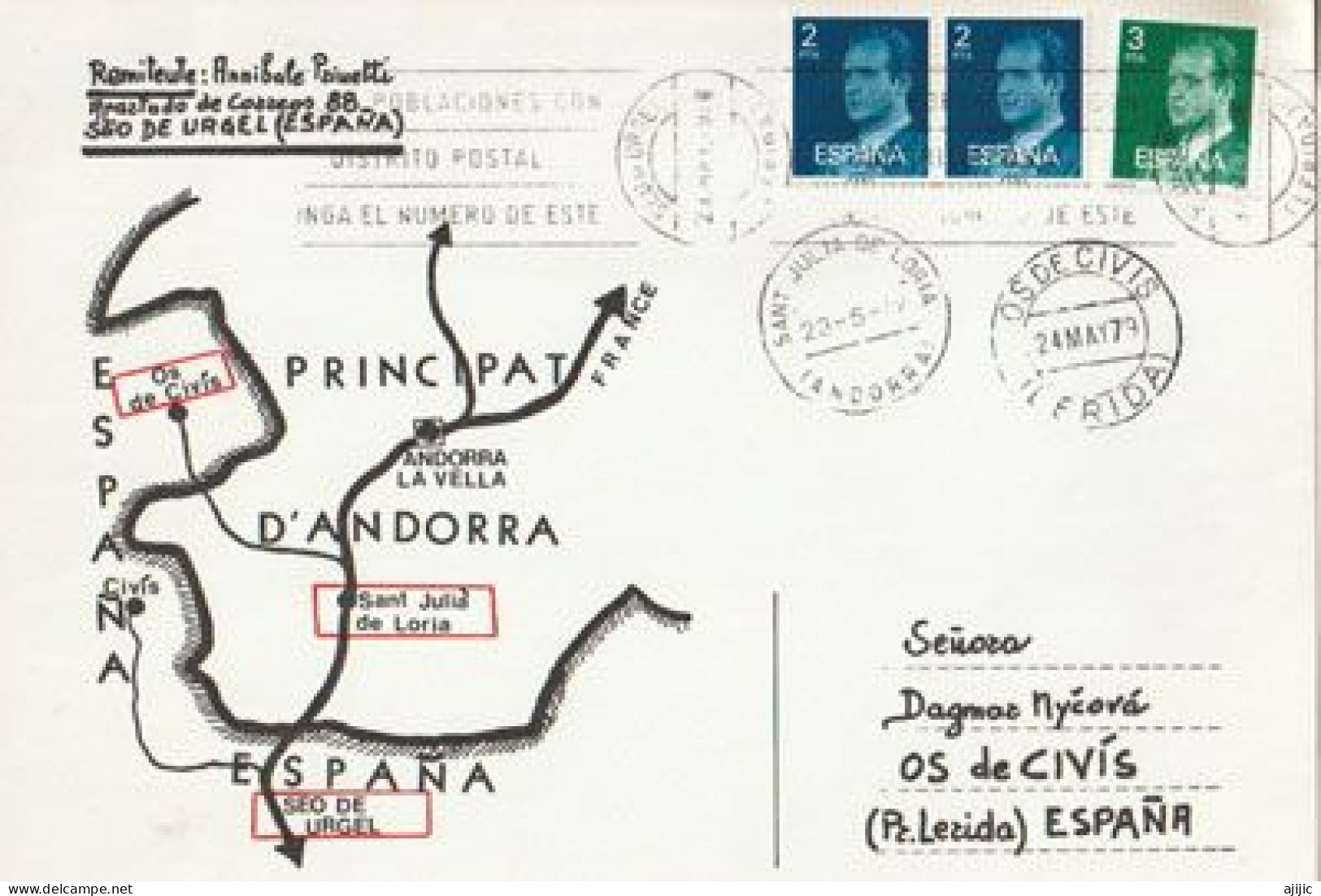 Postal Enviada En Seo D'Urgell (España), Dirigida Al EXCLAVE De Os De Civis, Accesible Sólo Por Carretera Por Andorra. - Storia Postale