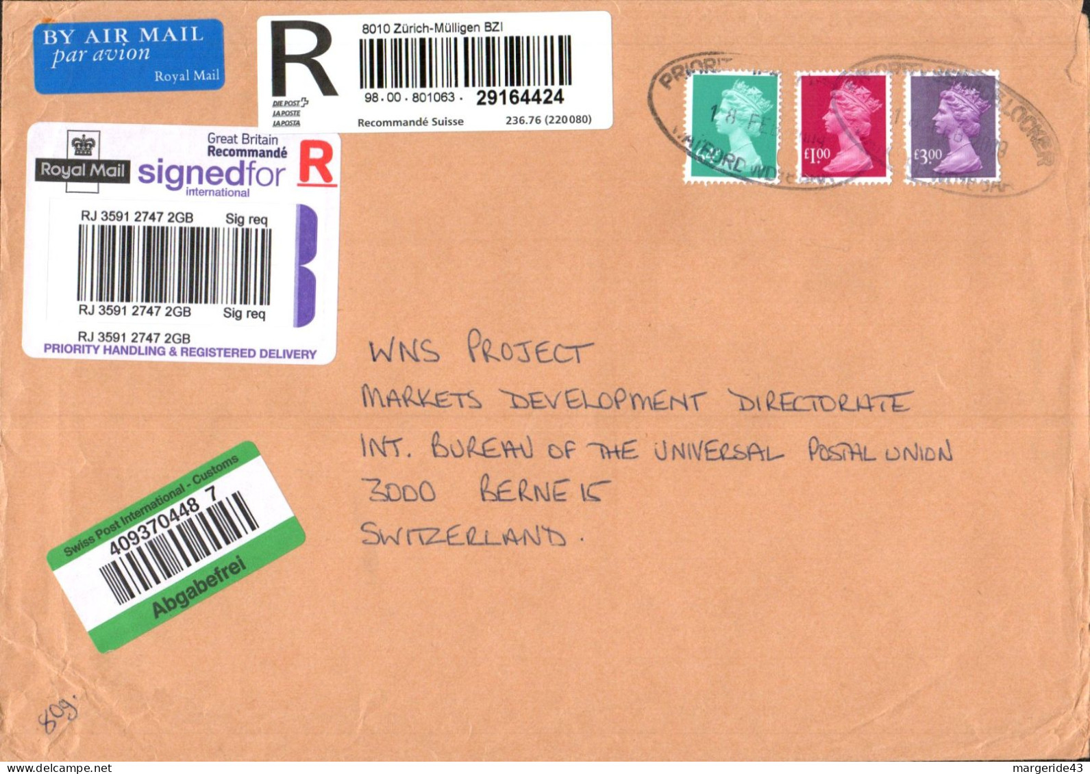 GB AFFRANCHISSEMENT COMPOSE  SUR LETTRE RECOMMANDEE POUR LA SUISSE 2009 - Storia Postale