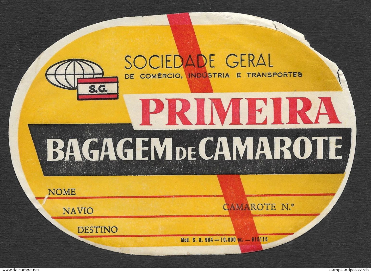 Portugal Etiquette Valise Paquebot Sociedade Geral 1964 Cabine Première Classe Ship Luggage Label - Europa