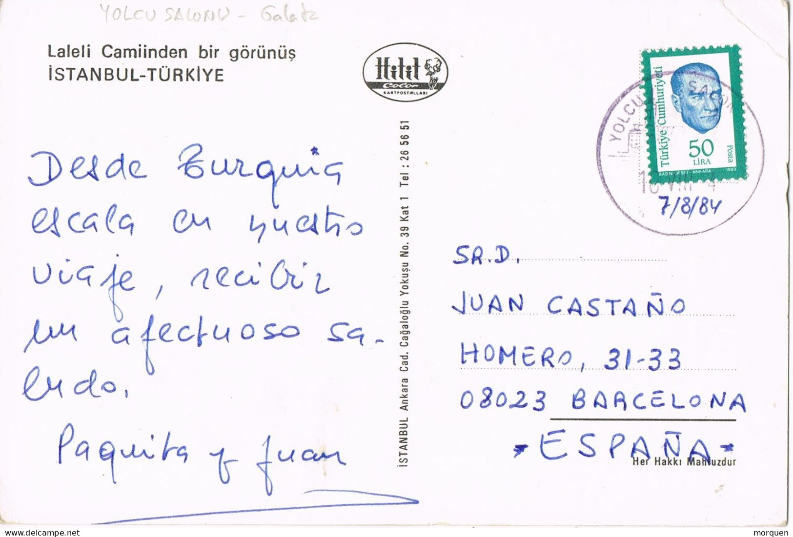 52205. Postal Aerea GALATA, Yolcu Salonu (turquia) 1984. Vista Istambul, Mezquita De Los Tulipanes - Briefe U. Dokumente