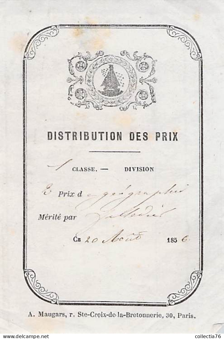 PRIX 1 ERE CLASSE 2 EME PRIX GEOGRAPHIE 20 AOUT 1856 9 X 13 CM - Diplômes & Bulletins Scolaires