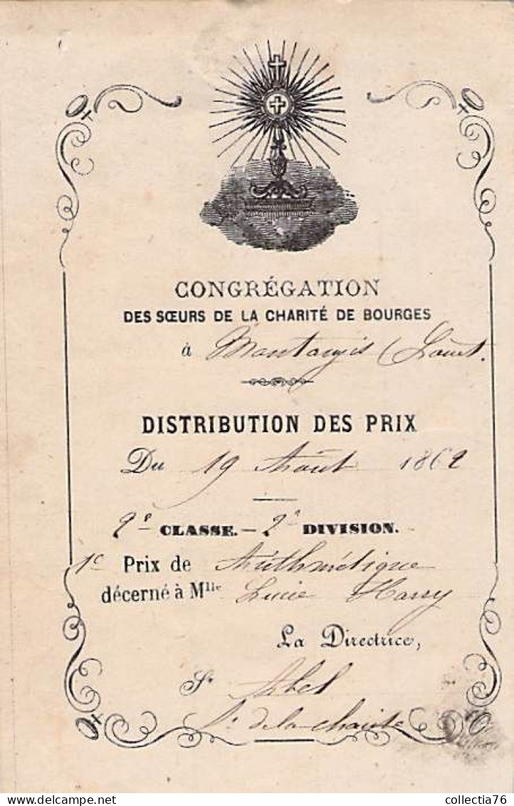 CONGREGATION SOEURS CHARITE BOURGES MONTARGIS 19 AOUT 1862 ARITHMETIQUE LUCIE HARRY 9 X 13 CM - Diplômes & Bulletins Scolaires