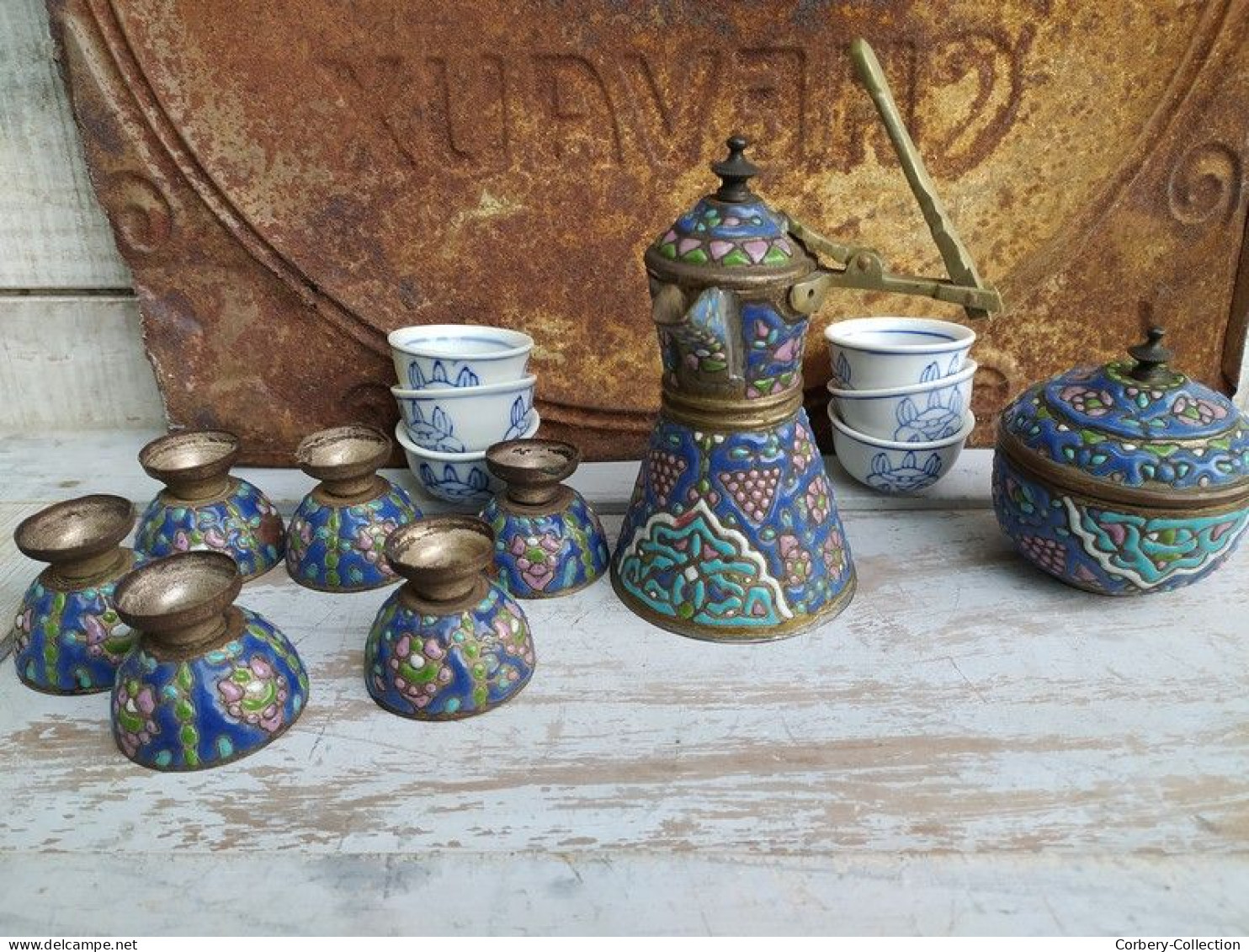 Ancien Service à Café Syrien Émaillé Orientaliste Copper Pot - Art Oriental
