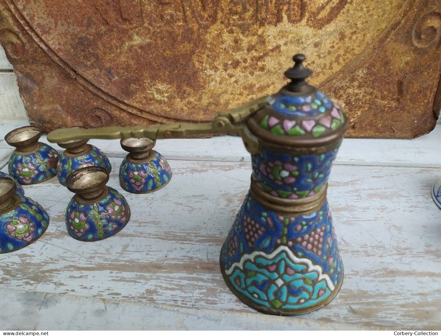 Ancien Service à Café Syrien Émaillé Orientaliste Copper Pot