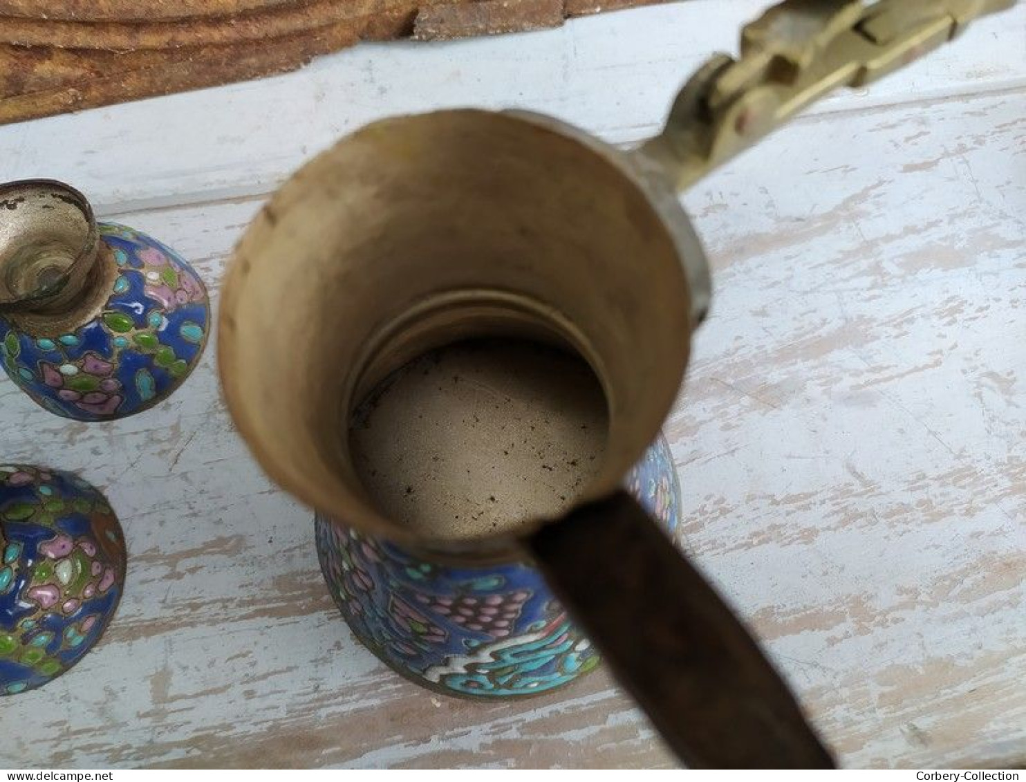 Ancien Service à Café Syrien Émaillé Orientaliste Copper Pot