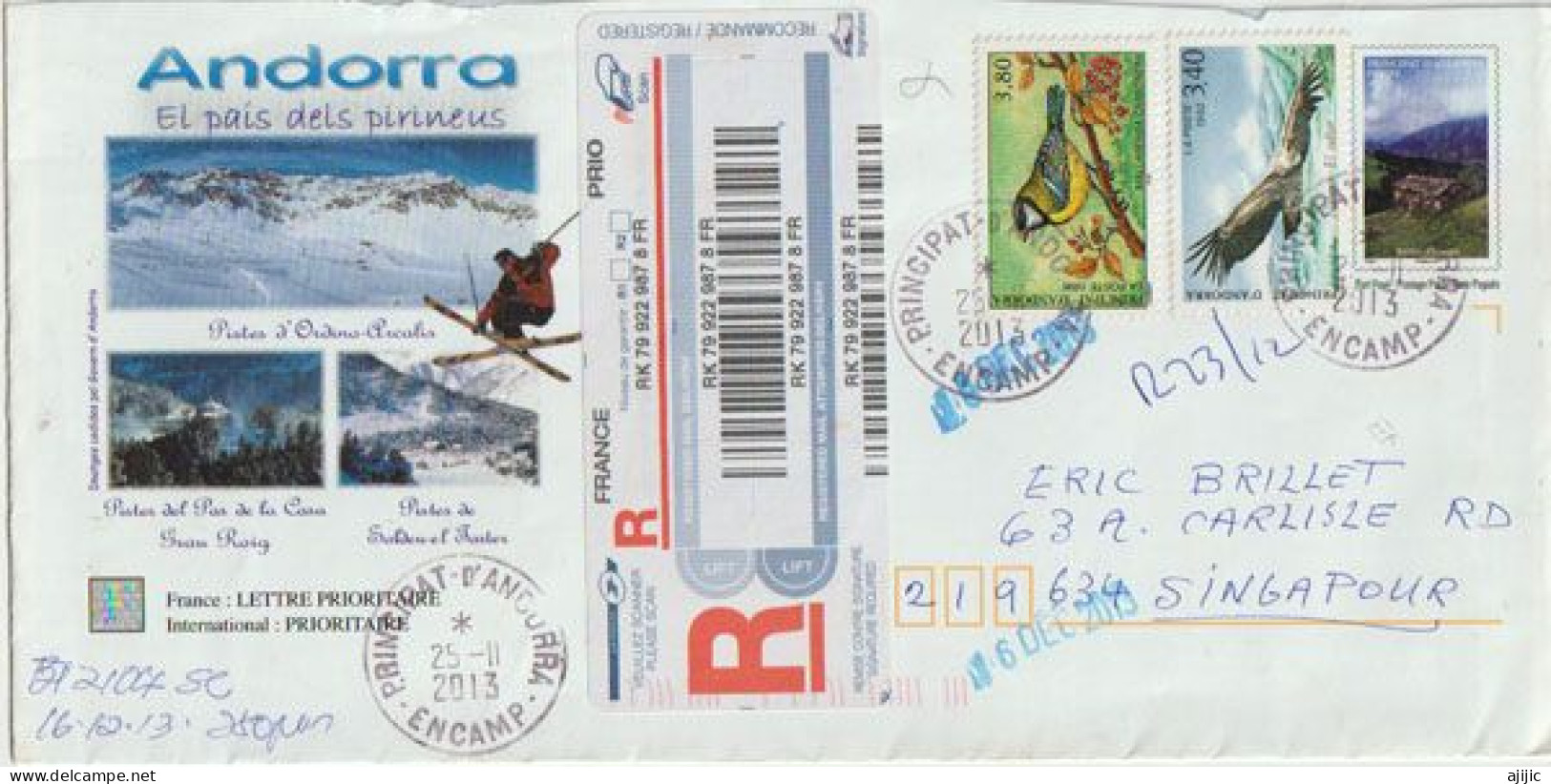 ENTIER POSTAL RECOMMANDÉ, Adressé à Singapour, Depuis Office Postal D'ENCAMP En 2013 (RARE-SCARCE) - Enteros Postales & Prêts-à-poster