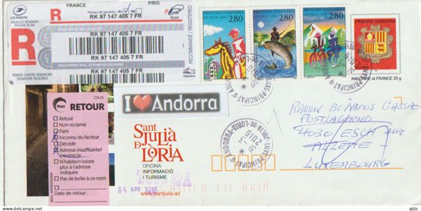 ENTIER POSTAL RECOMMANDÉ, Adressé Au Luxembourg Depuis Office Postal De Sant Julia De Loria, Return To Sender (RARE) - Enteros Postales & Prêts-à-poster